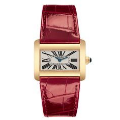 Cartier Tank Divan Mini Yellow Gold Red Strap Ladies Watch W6300356. Quartz movement. 18K yellow gold case 31.5 x 25.0 mm. Circular grained crown set with the blue faceted sapphire. 18K yellow gold fixed smooth bezel. Scratch resistant sapphire crystal. Silver dial. Painted black Roman numeral hour markers. Sword-shaped blue hands. Secret Cartier signature at X. Red leather strap with 18K yellow gold tang buckle. Cartier Yellow Gold Watch With Diamond Hour Markers, Cartier Gold Watch With Rectangular Dial, Gold Cartier Watch With Rectangular Dial, Cartier Yellow Gold Watches With Metal Dial, Cartier Diamond Watch In Yellow Gold, Classic Yellow Gold Cartier Watch Accessories, Cartier Yellow Gold Diamond Watch Gift, Classic Red Watch With Metal Dial, Elegant Red Watch With Subdials