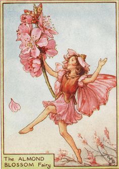 the almond blossom fairy is holding a pink flower in her hand and flying through the air