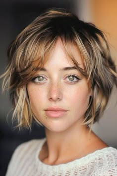 Choppy Bronde Layers with Curtain Bangs Short Hairstyle. Choppy Bob With Curtain Bangs, Short Shag With Curtain Bangs, Short Bob With Highlights, Short Highlighted Hair, Layered Bob With Curtain Bangs, Highlights Blended, Tousled Layers, Short Choppy Haircuts, Choppy Haircuts