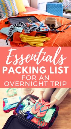 an open suitcase with the words essentials packing list for an overnight trip on it