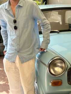 Sky Blue Shirt Outfit Men, Clean Guy Aesthetic, Blue Linen Shirt Men, Clean Boy Aesthetic, Outfit Cowok, Male Aesthetic, Blue Linen Shirt, Guys Fits, Boyfriend Outfit