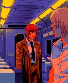 two people standing on a train looking at each other