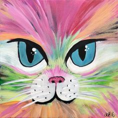 a painting of a cat's face with blue eyes and multicolored hair