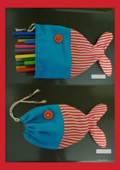 two bags that have different colored pencils in them and one has a fish on it