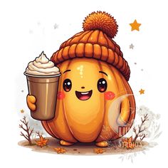 a cartoon pumpkin holding a coffee cup and wearing a knitted hat with stars around it