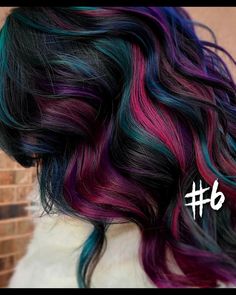 Purple Streak In Brown Hair, Alternative Hair Color, Alternative Hair Color Ideas, Peacock Hair Color, Halloween Hair Color, Purple Streaks, Peacock Hair, Black Brown Hair, Pulp Riot