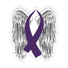 a purple ribbon with angel wings sticker on the side of a white wallpaper