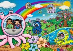 a painting of two children looking at an octopus through a magnifying glass in front of a rainbow