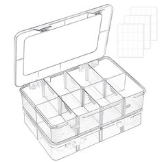 an open plastic storage box with six compartments and dividers on the bottom, in front of a white background