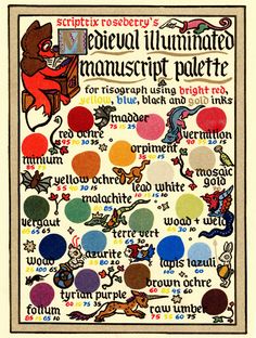 an old poster with many different colors and words on it's side, including the word