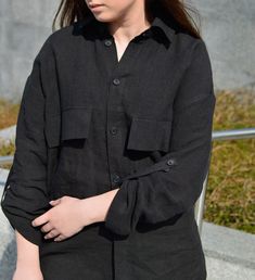 Women's Linen Shirt in Space Black Long Sleeves and - Etsy Fall Linen Shirt With Roll-up Sleeves, Trendy Collared Linen Shirt, Trendy Linen Blouse For Workwear, Summer Linen Long Sleeve Blouse, Summer Long Sleeve Linen Blouse, Black Linen Shirt For Spring, Oversized Linen Collared Blouse, Oversized Linen Blouse With Pockets, Black Linen Top With Pockets