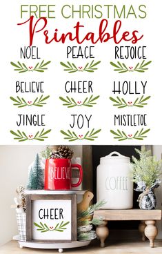 the free christmas printables are displayed on top of a table with coffee mugs and