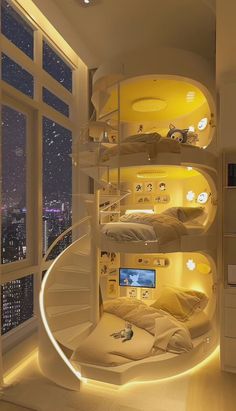 a spiral bed in the middle of a room next to a window with city lights