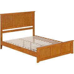 a wooden bed frame with no headboard and foot board is shown against a white background