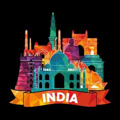 the india skyline is shown with colorful buildings and banners on it's black background