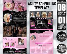 a pink and black flyer for a beauty salon with two photos on the front, one in