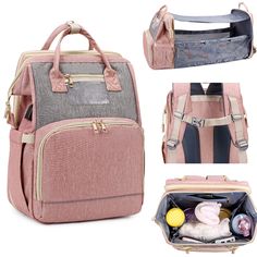 an open pink and grey backpack with its contents in the bottom compartment, side by side