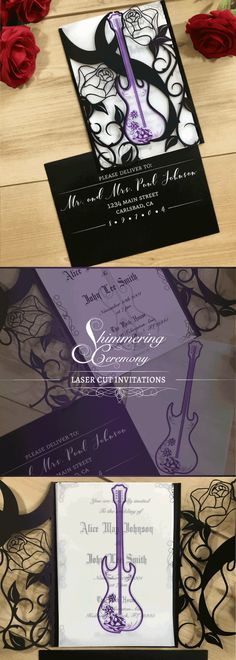 the wedding stationery is designed to look like an elegant guitar