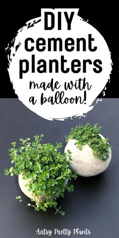 two planters that have plants in them on top of each other with the words diy cement planters made with a balloon