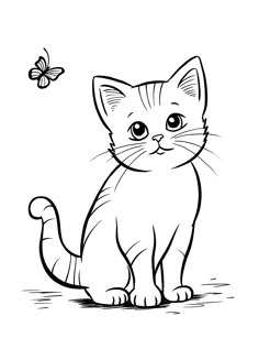 a cat sitting on the ground with a butterfly flying in the sky behind it, black and white