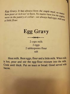 an egg gravy recipe is shown in the book's page, with instructions to make it