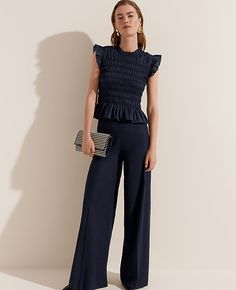 This flattering pant features an easy fit for extra ease of movement. Hidden side zip with hook-and-eye closure. Front off-seam pockets.,Leg Shape:Leg Shape: Wide Leg – a modern must-have with a statement leg and Flattering high waist,Rise:High rise: sits 1/2" to 1" below natural waist,Imported:Imported,Fit:Fit: Relaxed & easy,Length:Full length: 31" inseam with 31 1/2" leg opening,Fabrication:55% Linen, 45% Viscose,Garment Care:Machine Washable The Ric Rac Trim Palazzo Pant in Linen Blend by Ann Taylor Size regular - 14 Night Sky Women's Linen, Blend, Regular, Wide, Leg, Pants, 55%, Linen, 45%, Viscose, Machine, Washable Internship Outfit, 30s Fashion, Palazzo Pant, Corporate Outfits, Ric Rac, Professional Attire