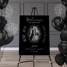 a black and white photo with balloons in the background for a 30th birthday party sign