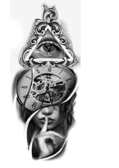 a drawing of a woman with an all seeing eye on her face and clock above her head