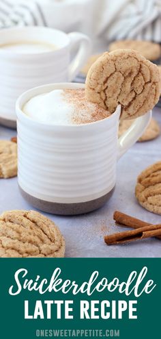 two sugar cookies with cinnamon sticks sticking out of them and the words, snickkerdoodle latte recipe