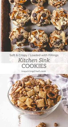 cookies and granola in a glass bowl with the words kitchen sink cookies on top