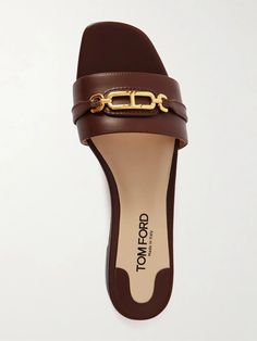 TOM FORD Whitney Logo-embellished Leather Slides - Brown | Editorialist Casual Beach Sandals, Latest Sandal, Embellished Flats, Designer Flats, Sandals Brown, Flats Sandals, Saddle Brown, Brown Leather Sandals