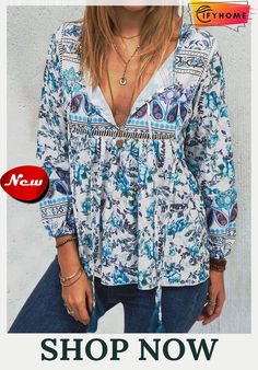 Ethnic Bohemian Floral Print Long Sleeve V-neck Women Blouse Top Fall Bohemian V-neck Blouse, Bohemian V-neck Peasant Top With Floral Print, Multicolor V-neck Peasant Top For Fall, Bohemian V-neck Top With Boho Print, Bohemian V-neck Blouse With Boho Print, Multicolor V-neck Peasant Top For Festival, Spring Folk Style V-neck Peasant Top, Multicolor Floral Print V-neck Peasant Top, Summer Bohemian V-neck Blouse