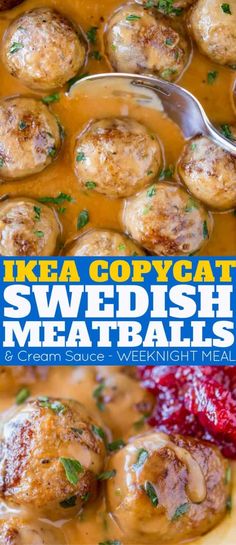 swedish meatballs with gravy and cream sauce in a skillet