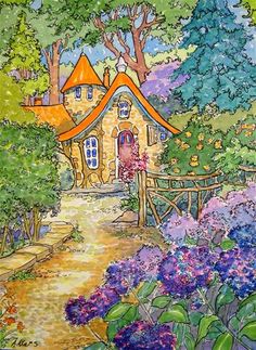 a painting of a house in the woods with flowers and trees on either side of it