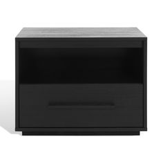 a black nightstand with two drawers on one side and an open drawer on the other