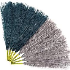 four different shades of grey, green and yellow feathers on a white background with the same color