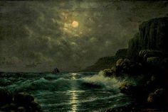 a painting of a boat in the ocean at night with a full moon behind it