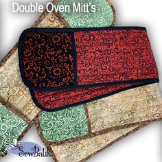 three placemats with different designs on them and the words double oven mitt's