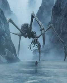 a man standing in the water next to a giant spider