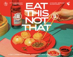 an advertisement for chinese food with chopsticks and dipping sauce on a plate next to a bottle of beer