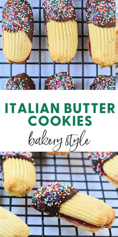 italian butter cookies with chocolate and sprinkles on a cooling rack for baking