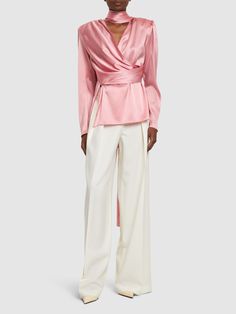 Non-detachable draped scarf panel. Asymmetrical construction. Model is wearing a size36 Long Sleeve Wrap Top, Satin Set, Magda Butrym, Shearling Jacket, Ski Wear, Wrap Top, Swimwear Tops, Silk Satin, Party Outfit