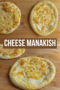 three cheese manaki breads on a wooden cutting board with the words cheese manaki above them