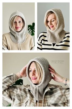 a woman wearing a knitted hoodie and looking at the camera with her hands on her head