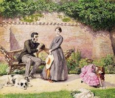 a painting of a man and woman sitting on a bench with two dogs in front of them