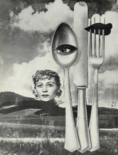 an advertisement with a woman's face and two forks, spoons and knives