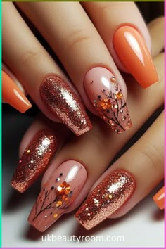 Extravagant Fall Nails, Fall Nails For A Wedding, Psl Nails, Fancy Fall Nails, Fall Nail Art Designs Short, Short Nail Fall Designs, Fall Inspired Nails Short, Short Orange Nail Designs, Fall Bridesmaid Nails