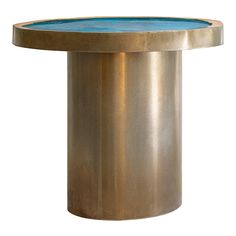 a round metal table with blue glass top