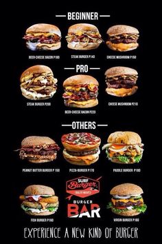 the menu for burgers is shown with different types of burgers and their prices