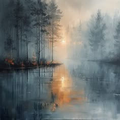 a painting of trees and water in the fog